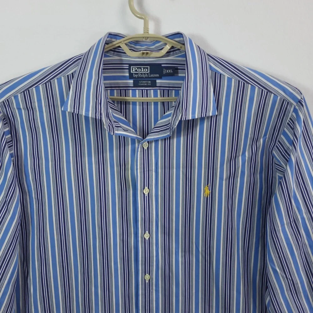 Polo Ralph Lauren Button Down Shirt Mens XXL Blue Striped Stanton Classic Fit